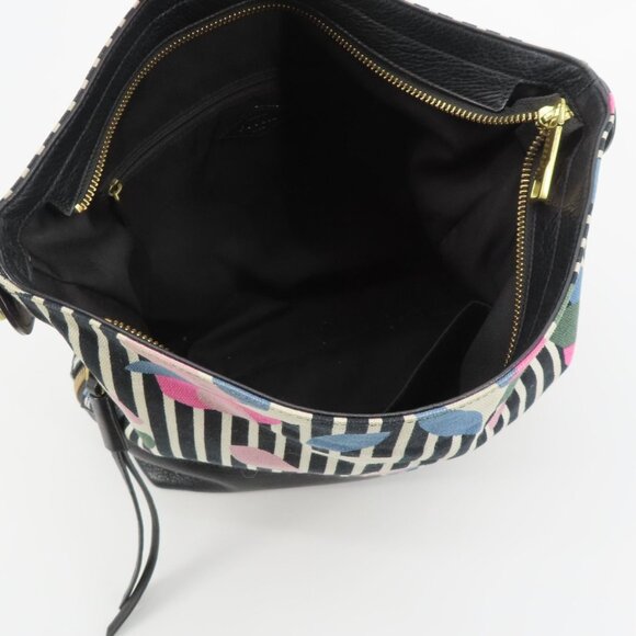 Fossil Maya Hobo Black Pebbled Leather Stripe Flower Floral Canvas Shoulder Bag - Picture 9 of 16